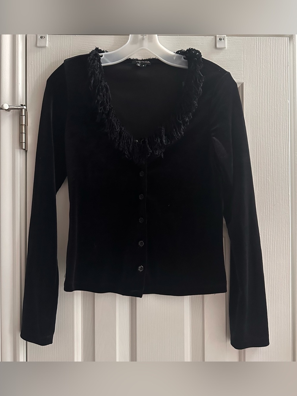 Vintage Black Velvet Fringe Button-Up Top Y2K Gothic Fairy Grunge Coquette M USA